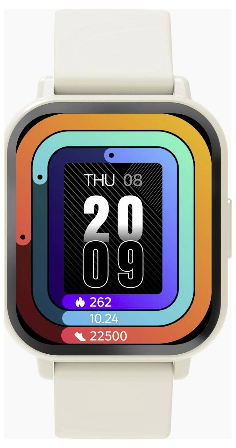 Eine Smartwatch mit quadratischem Zifferblatt zeigt THU 08, 20:09 und Aktivitätsstatistiken 262, 10.24 und 22500 auf einem farbenfrohen Ring-Display an.