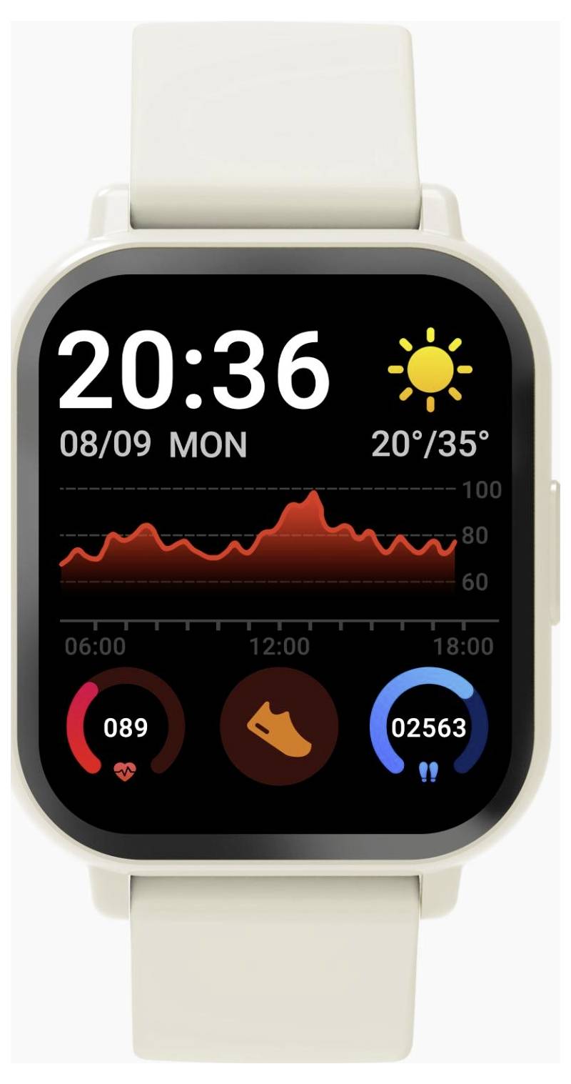 Smartwatch-Startbildschirm mit Anzeige von 20:36, Datum 08/09 MON, sonnig 20°/35°, einem roten Liniendiagramm und drei Aktivitäts-Widgets.