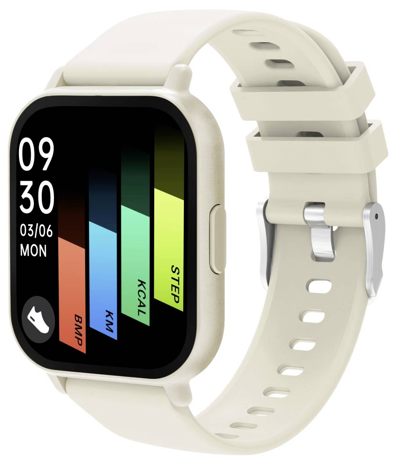 Beige Smartwatch mit quadratischem Display, das 09:30, 03/06 MON und farbenfrohe Fitness-Balken mit den Bezeichnungen BWP, KM, KCAL und STEP anzeigt.