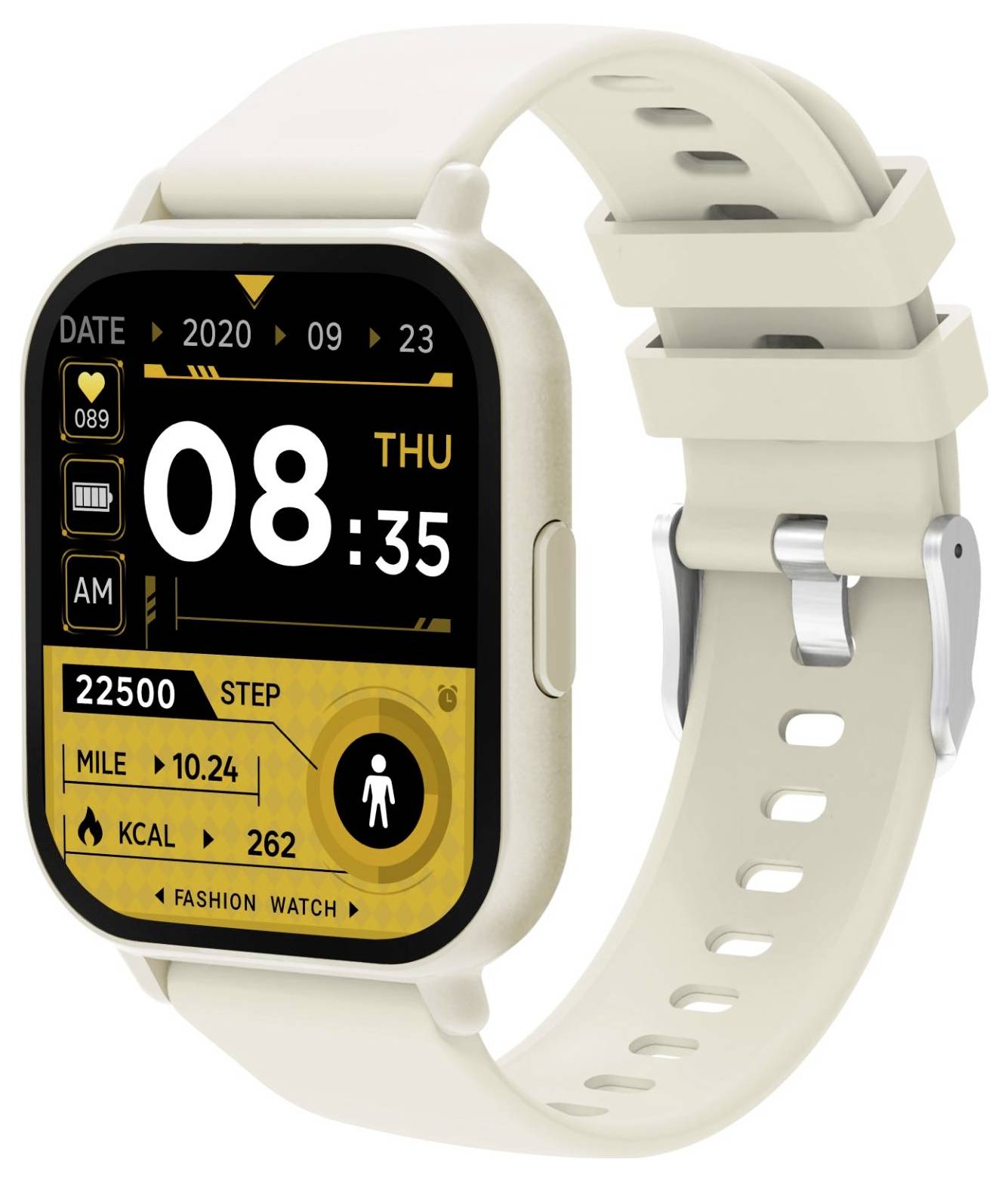 Cremefarbene quadratische Smartwatch mit beigem Armband, zeigt ein digitales Fitness-Watchface mit der Uhrzeit 08:35, dem Datum 2020-09-23 und Statistiken für Schritte, Meilen und Kalorien.