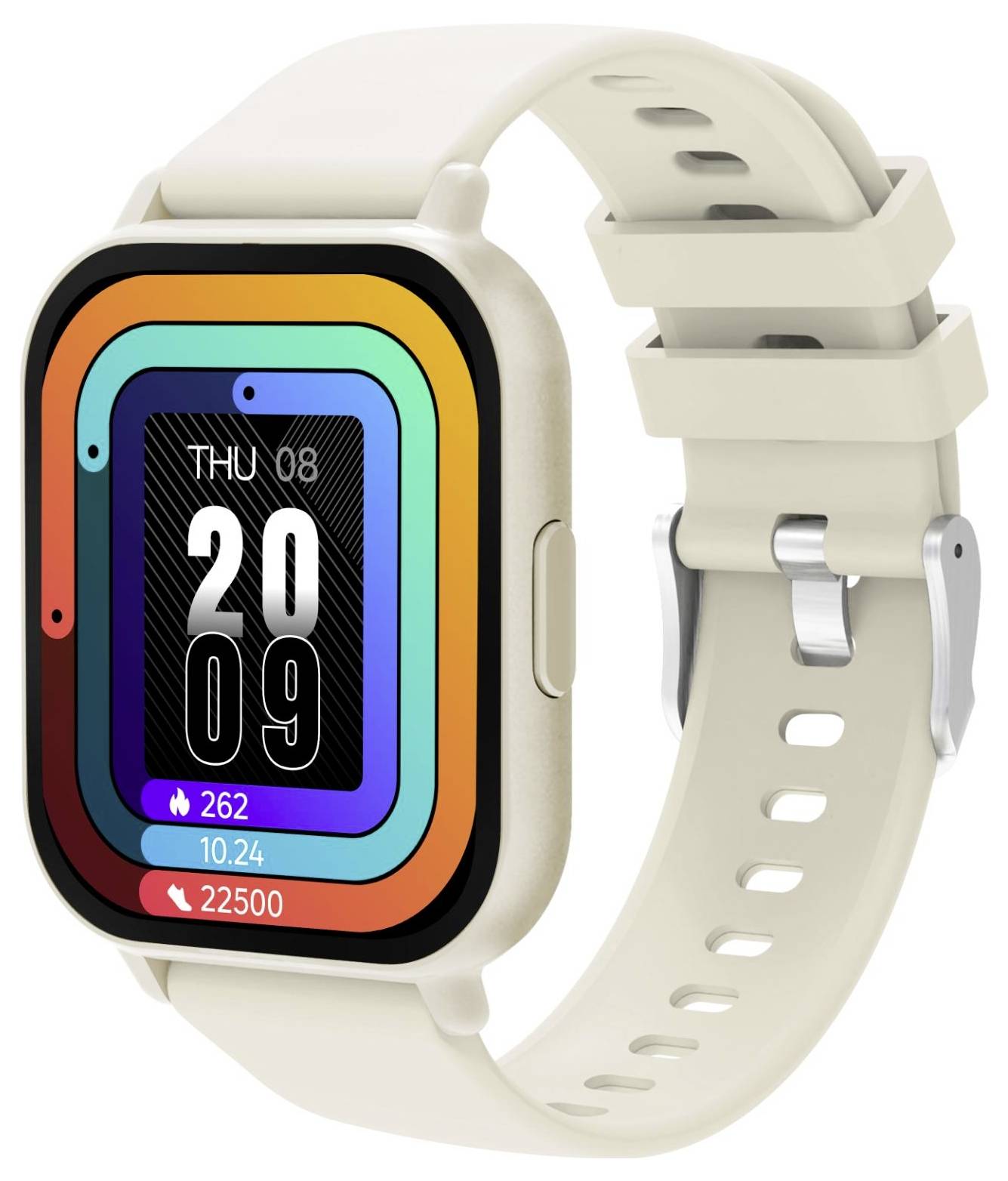 Cremefarbene Smartwatch mit regenbogenfarbig eingefasstem quadratischem Display, das „THU 08