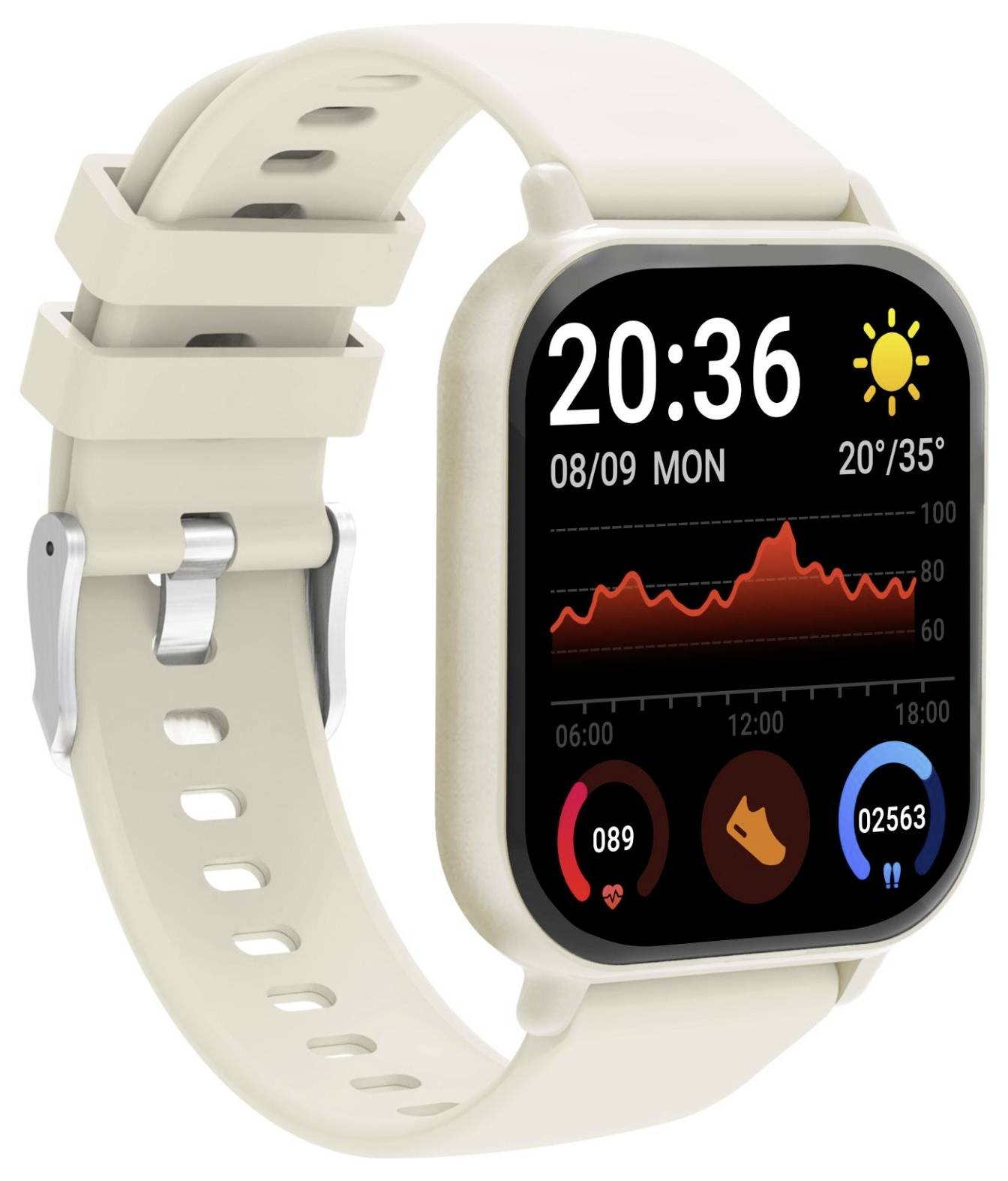 Beige Smartwatch zeigt 20:36 an, Montag 08/09, sonnig 20°/35°, mit Herzfrequenz-Diagramm und Fitnessstats auf dem Bildschirm.