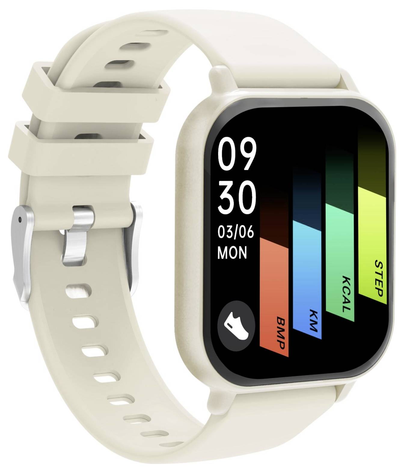Beige quadratische Smartwatch mit digitalem Display, das 09:30 anzeigt, Datum 03/06 MON und farbige Aktivitätsbalken für Schritte, Kalorien, km und bpm.