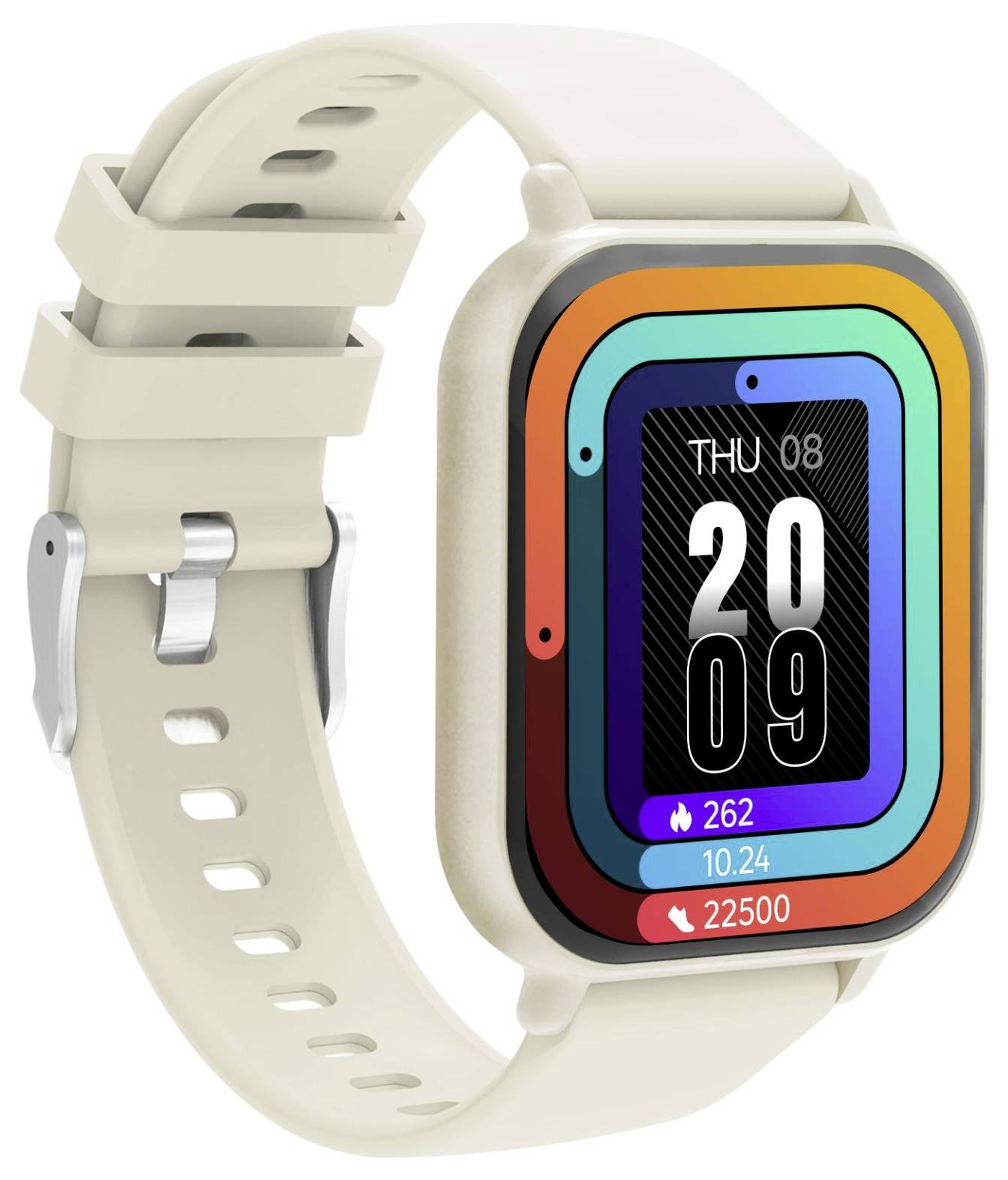 Beige quadratische Smartwatch mit perforiertem Armband, zeigt farbiges digitales Zifferblatt mit Datum, Uhrzeit, Schritten, Kalorien und Herzfrequenz.