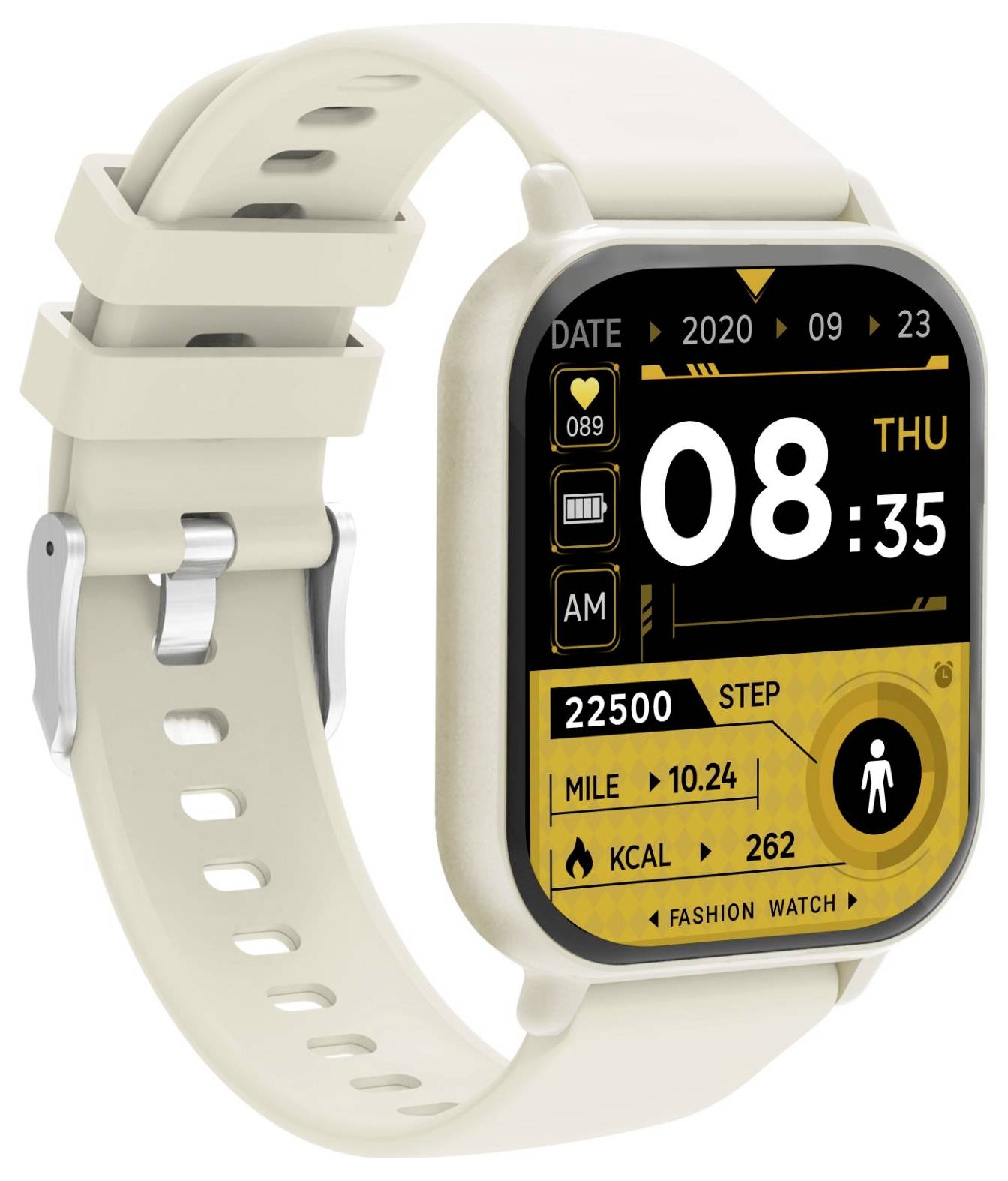 Beige-Smartwatch mit cremefarbenem Armband, das ein schwarz-goldenes Fitness-Watchface mit der Anzeige 08:35, Datum 2020/09/23, Schritte, Meilen und kcal zeigt.