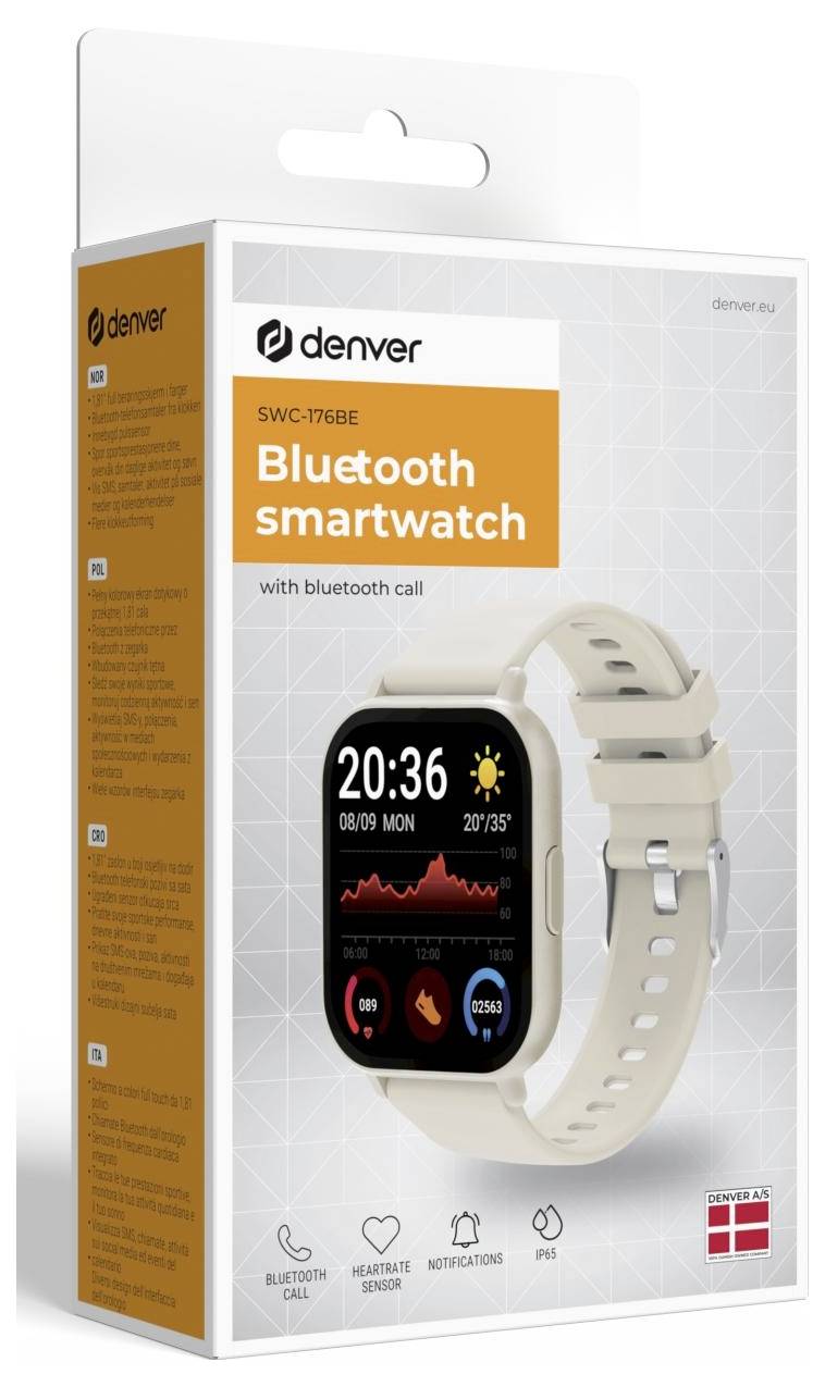 Verpackung für eine Denver SWC-176BE Bluetooth-Smartwatch mit Anruffunktion, zeigt eine beige Uhr und Funktionssymbole auf der Schachtel.