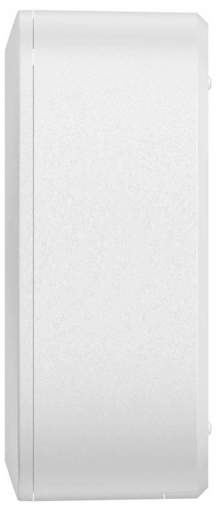 Weiße rechteckige, wandmontierte elektrische Schaltschrankgehäuse mit glatter Frontplatte und seitlichen Verschlüssen.