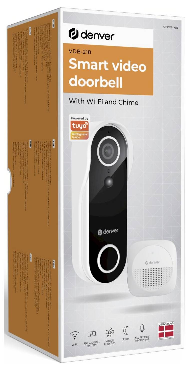 Verpackung für eine Denver VDB-218 intelligente Video-Türklingel mit Wi-Fi und Klingel, zeigt die Türklingel-Kamera und die mitgelieferte Klingeleinheit.