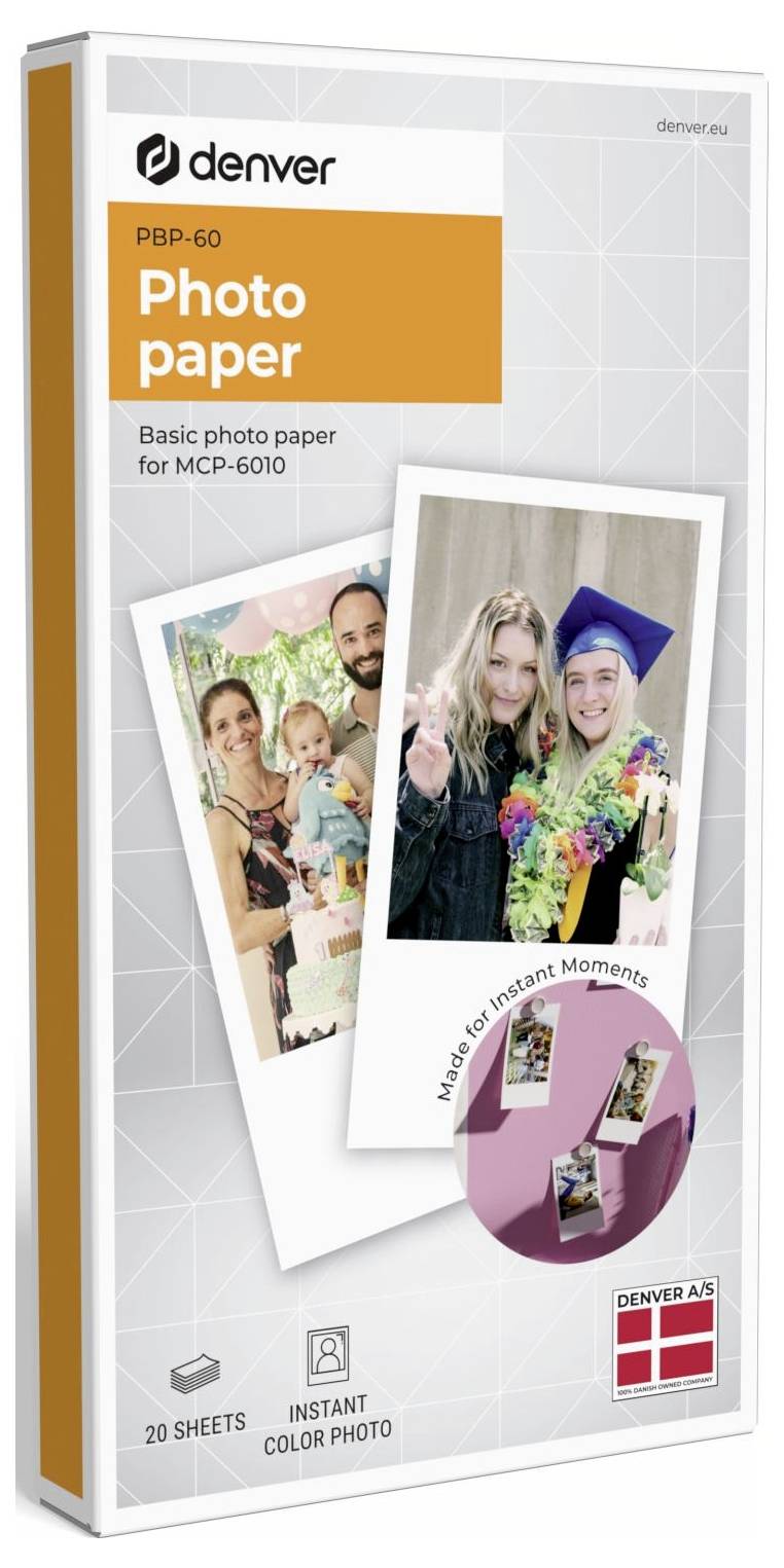 Schachtel mit Denver PBP-60 Fotopapier für MCP-6010, dargestellt mit Beispiel-Sofortfarbfotos und Beschriftung für 20-Blatt-Packung.