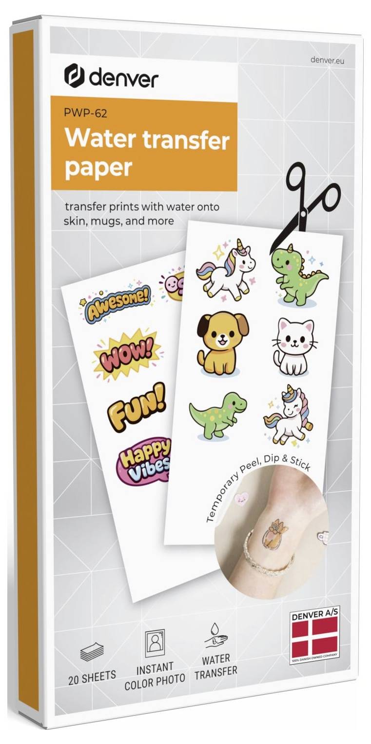 Paket mit Denver PWP-62 Wassertransferpapier, zeigt Transferaufkleber für Haut, Tassen und mehr, mit Beispieldesigns und Scherenssymbol.
