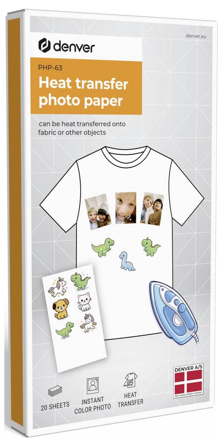# Produktbox für Denver PHP-63 Wärmeübertragungsfotos-Papier, mit einem T-Shirt mit gedruckten Fotos und Aufbügel-Transferbeispielen.