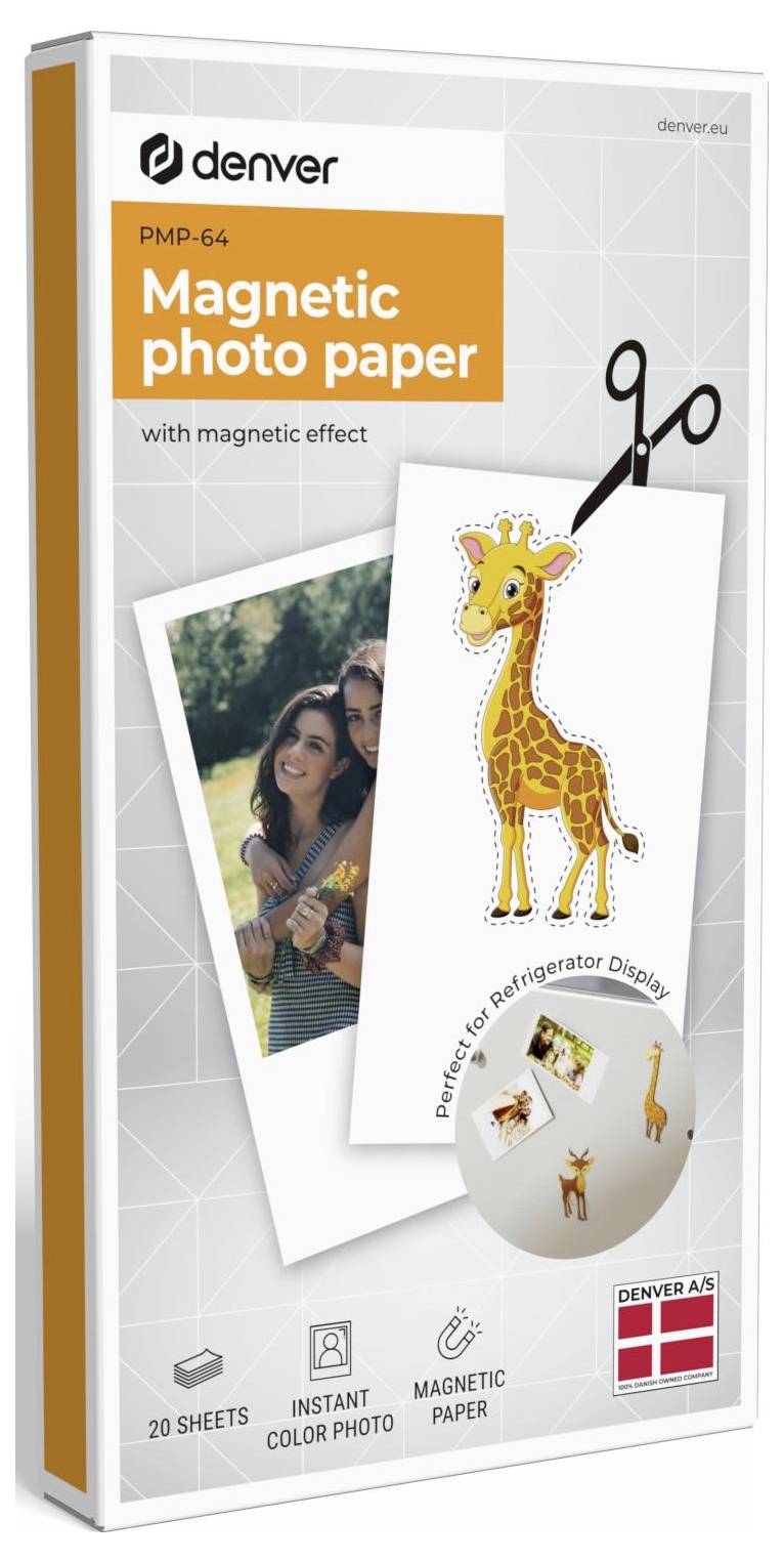 Verpackung für Denver PMP-64 Magnetfotopapier mit Beispielfoto und Giraffenillustration mit Scherensymbol zur Anzeige im Kühlschrank.
