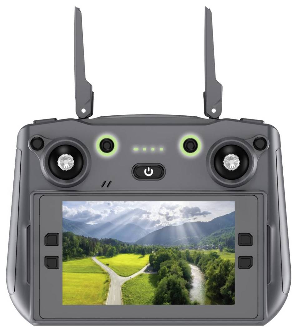 Grauer Drohnen-Fernbedienung mit zwei Antennen, Joysticks, Ein-/Ausschalter und integriertem Bildschirm, der einen Landschafts-Videofeed mit Bergen, Feldern und einem Fluss anzeigt.