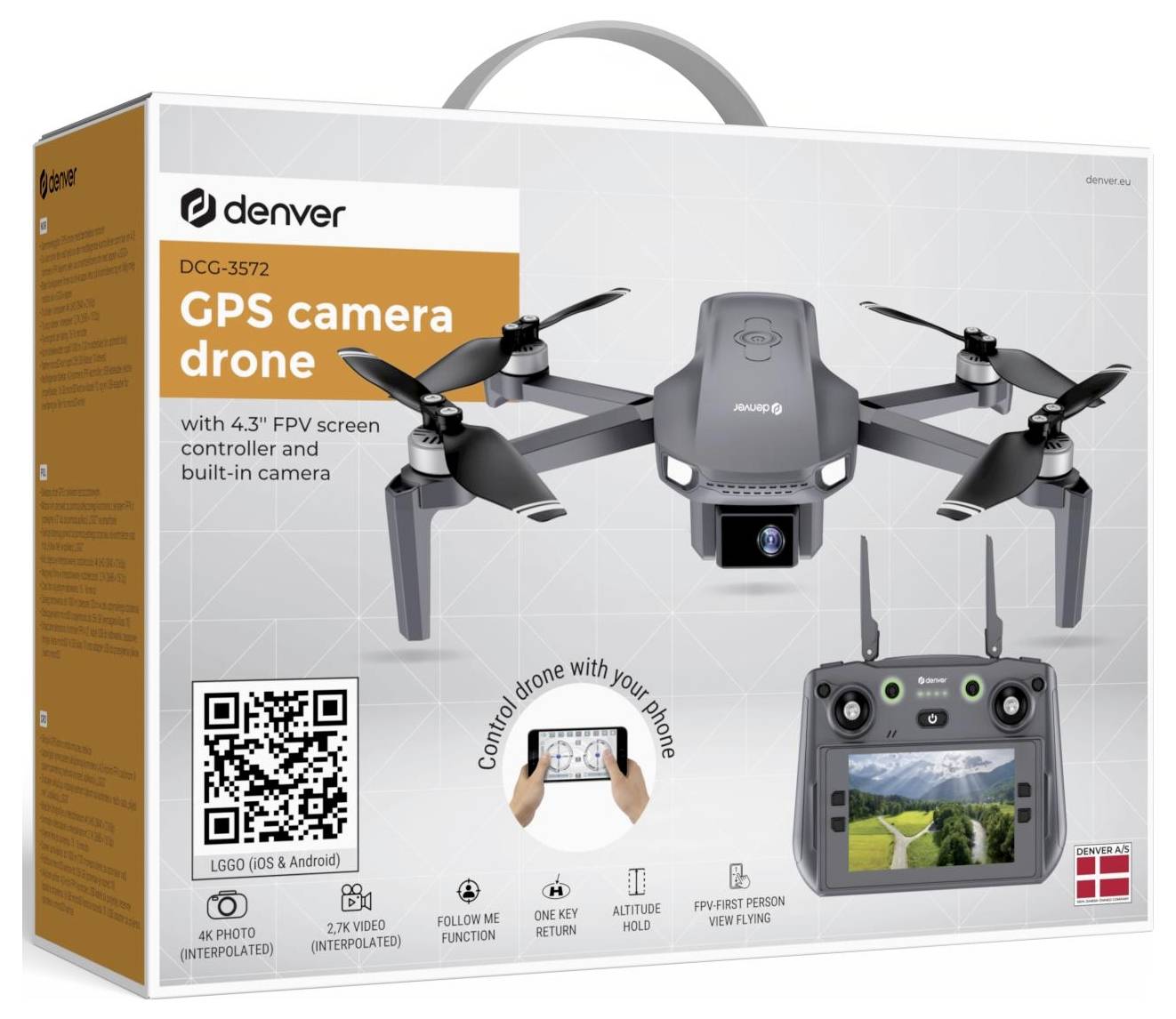 Dever GPS Kameradrohnen-Box mit Drohne, Fernbedienung mit FPV-Bildschirm und Produktfunktionen einschließlich 4K-Foto und 2,7K-Video.