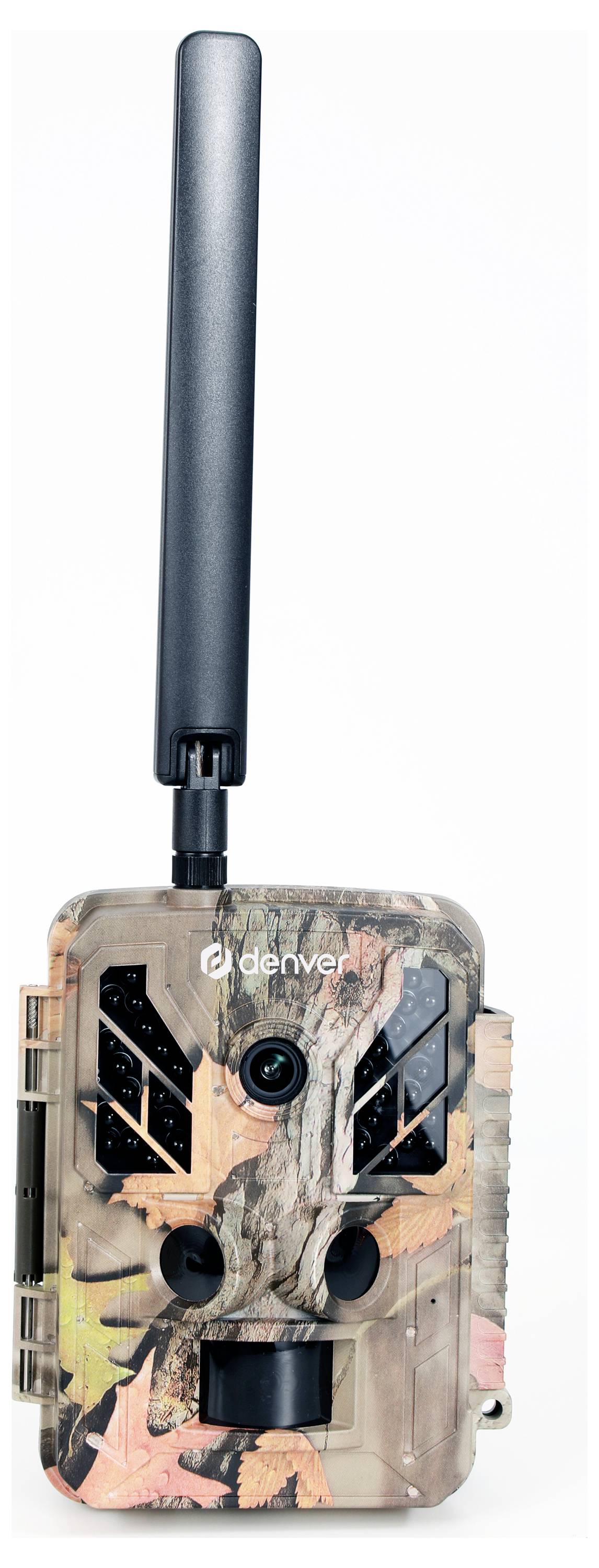 Getarnte Wildkamera mit langer Antenne, vorderer Linse, Infrarotsensoren und Blitz, gezeigt auf weißem Hintergrund.