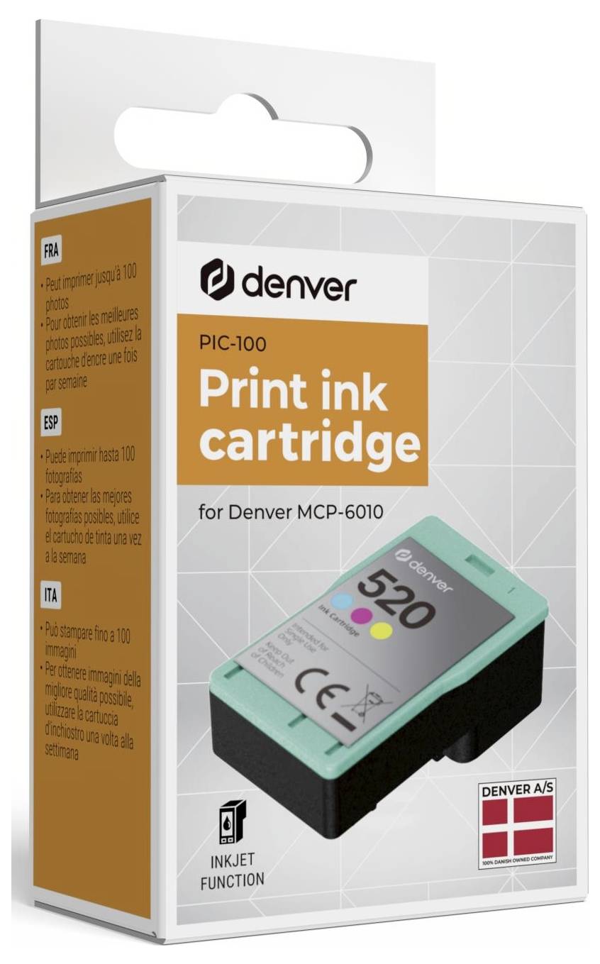Produktkarton für Denver PIC-100 Druckertinte, zeigt eine Inkjet-Patrone und Kompatibilität für Denver MCP-6010.