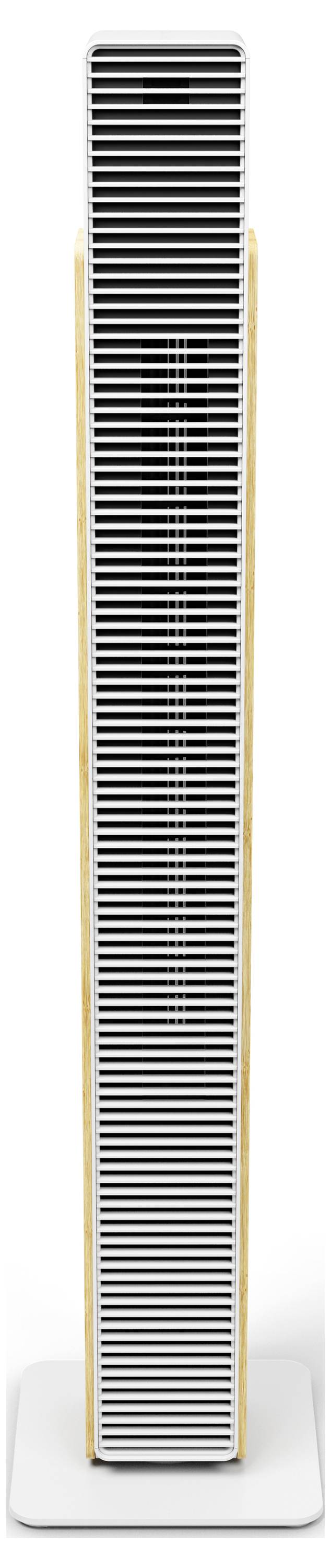 Hoher weißer Turmventilator auf weißem Sockel, Vorderansicht mit schmalen vertikalen Lüftungsschlitzen und goldener Verzierung.