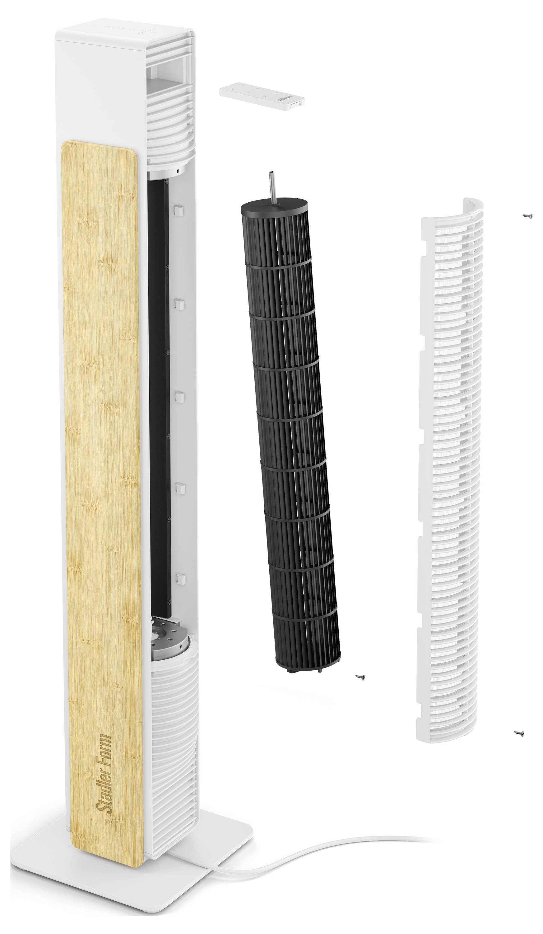 Explodierte Ansicht eines Turmventilators mit Holzfront, die den internen schwarzen Ventilator und abnehmbare weiße Gitterkomponenten auf einem Sockel mit Stromkabel zeigt.