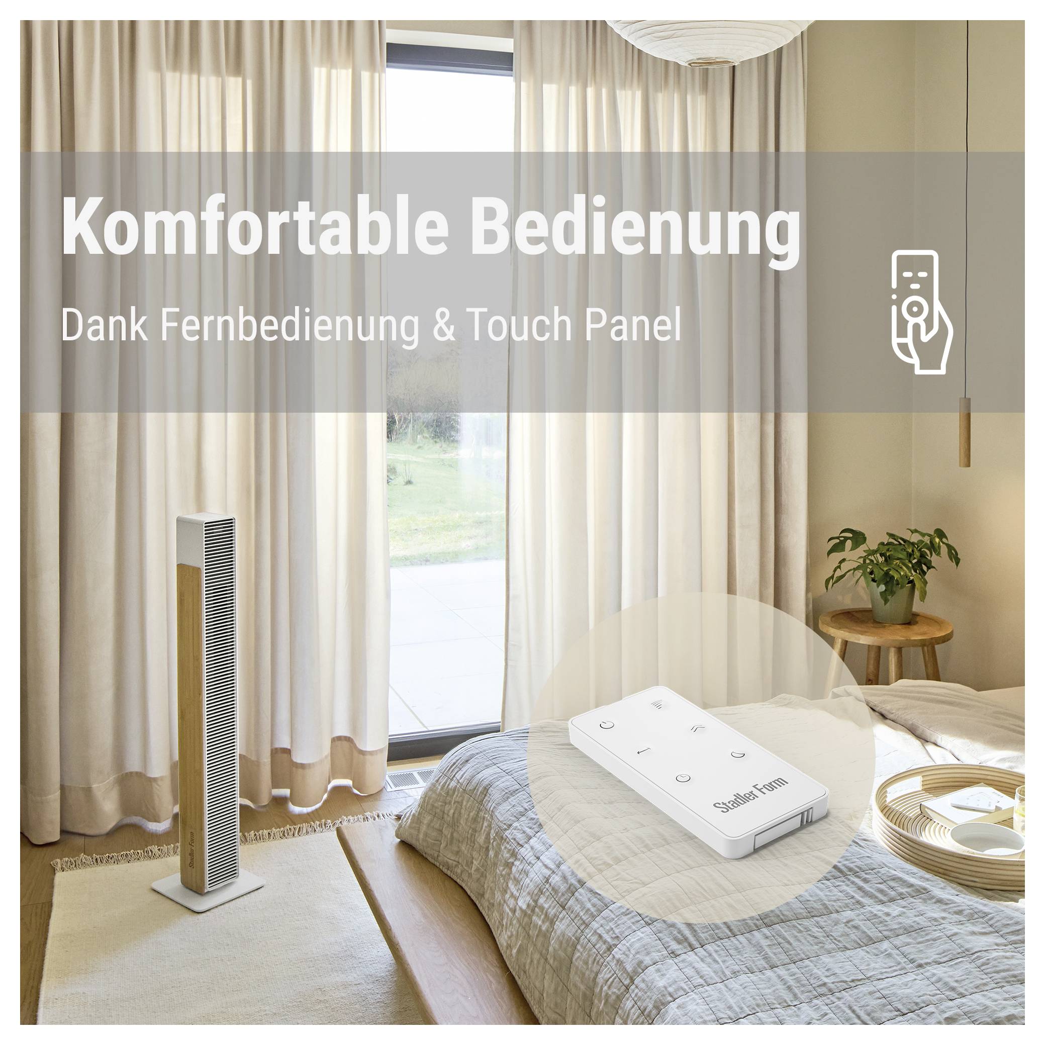 Schlafzimmer mit Luftreiniger, Fernbedienung und Touch-Panel; Text: 'Komfortable Bedienung dank Fernbedienung & Touch Panel'.