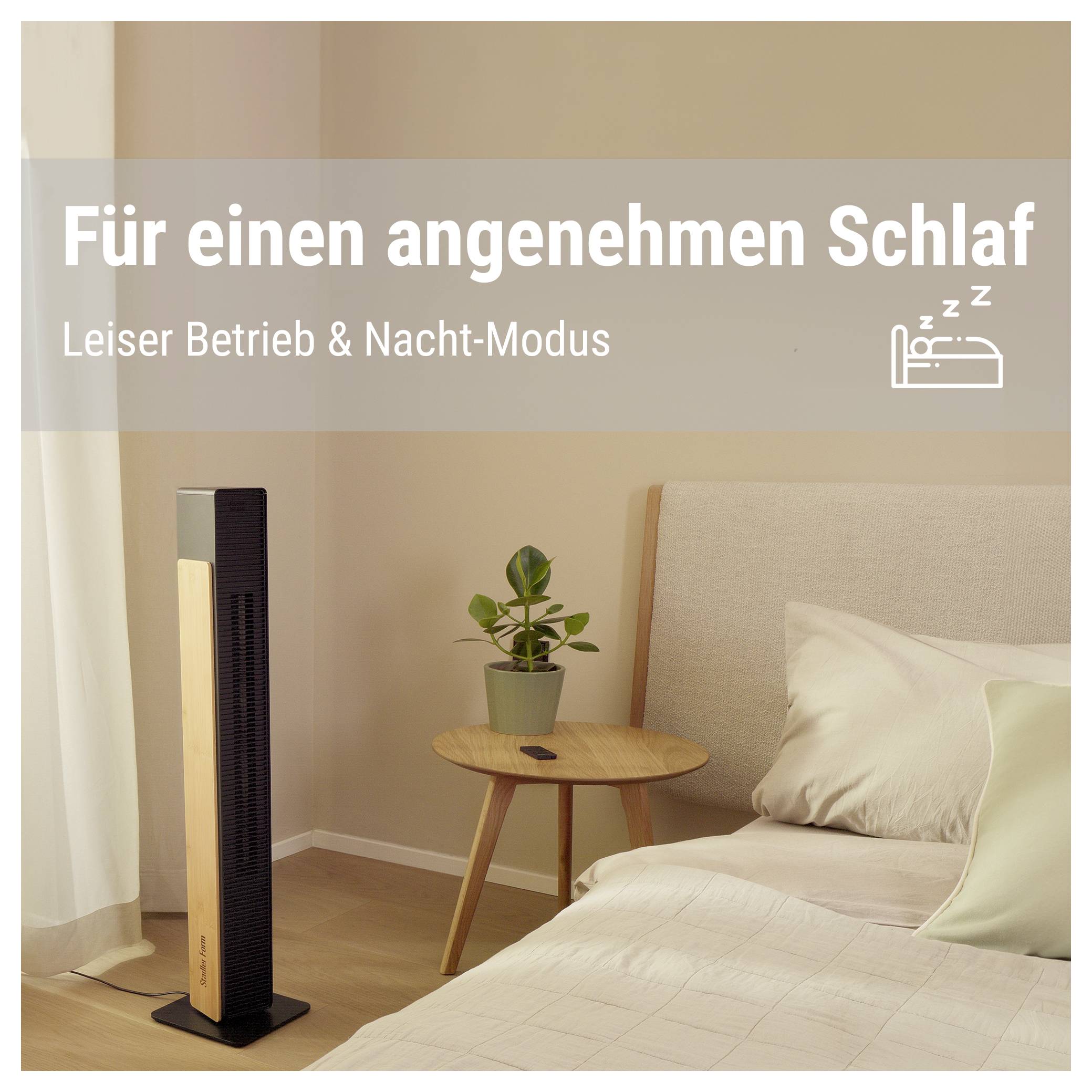 Werbetext für einen Turmventilator im Schlafzimmer: 'Für einen angenehmen Schlaf' und 'Leiser Betrieb & Nacht-Modus'; Ventilator neben dem Bett.