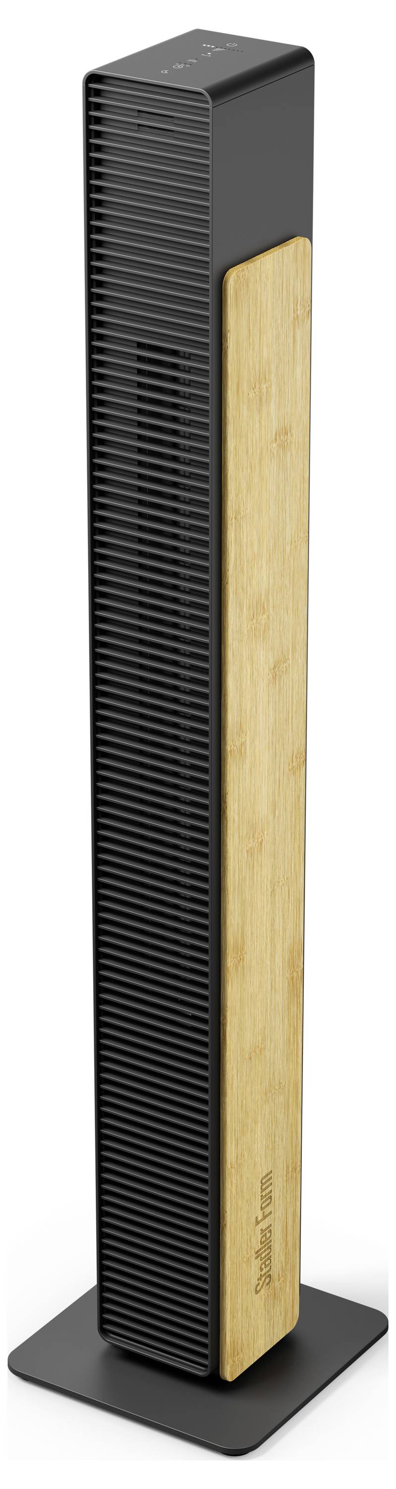 Hoher schwarzer Turmboxenlautsprecher mit Holzseitenpaneel auf quadratischer Basis, vor weißem Hintergrund dargestellt.