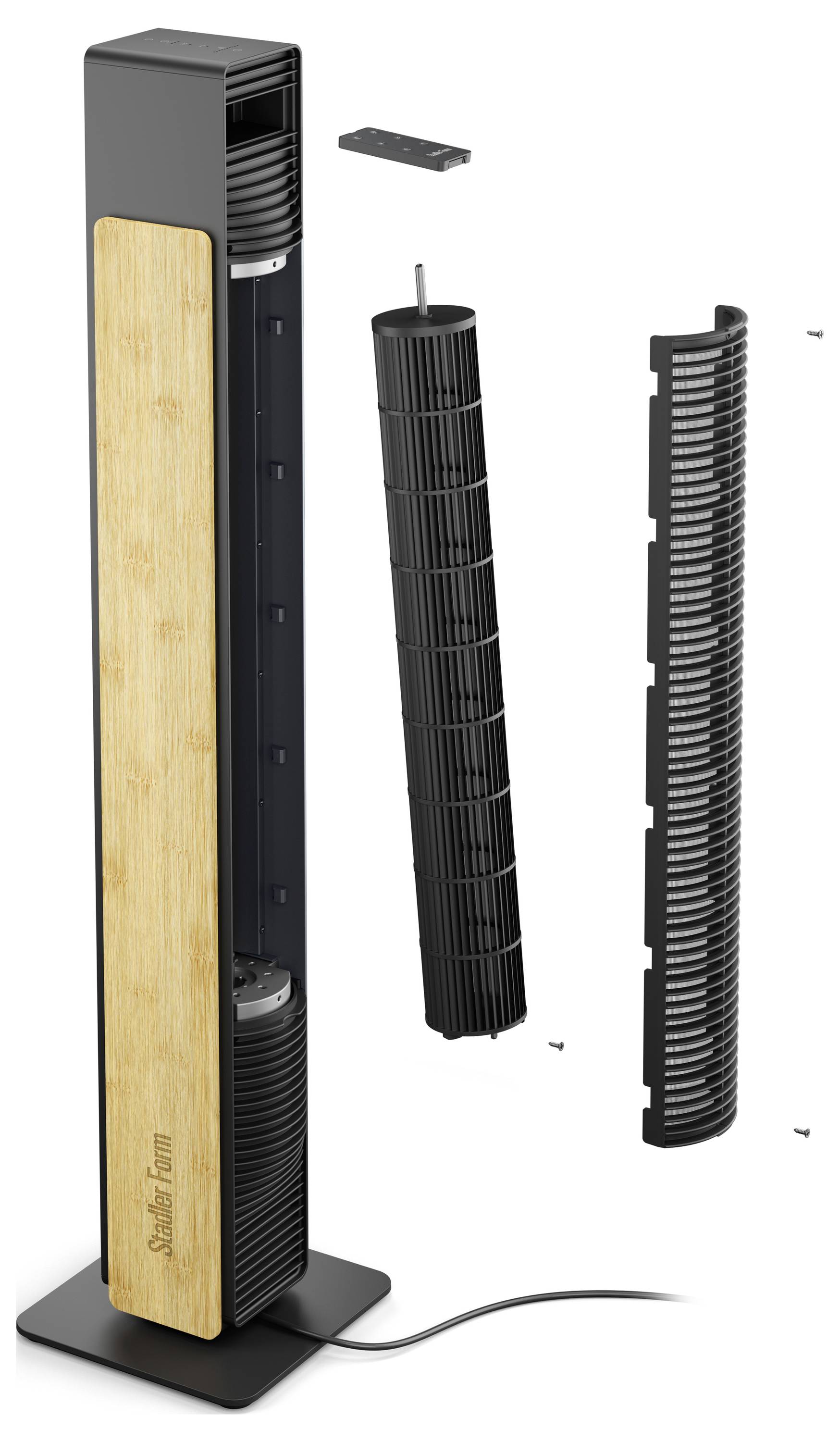 Sprengzeichnung eines Turmventilators mit Sockel, äußerem Gehäuse, innerer Ventilatorwalze und Seitengitter, mit Holzakzentpaneel und Stromkabel.