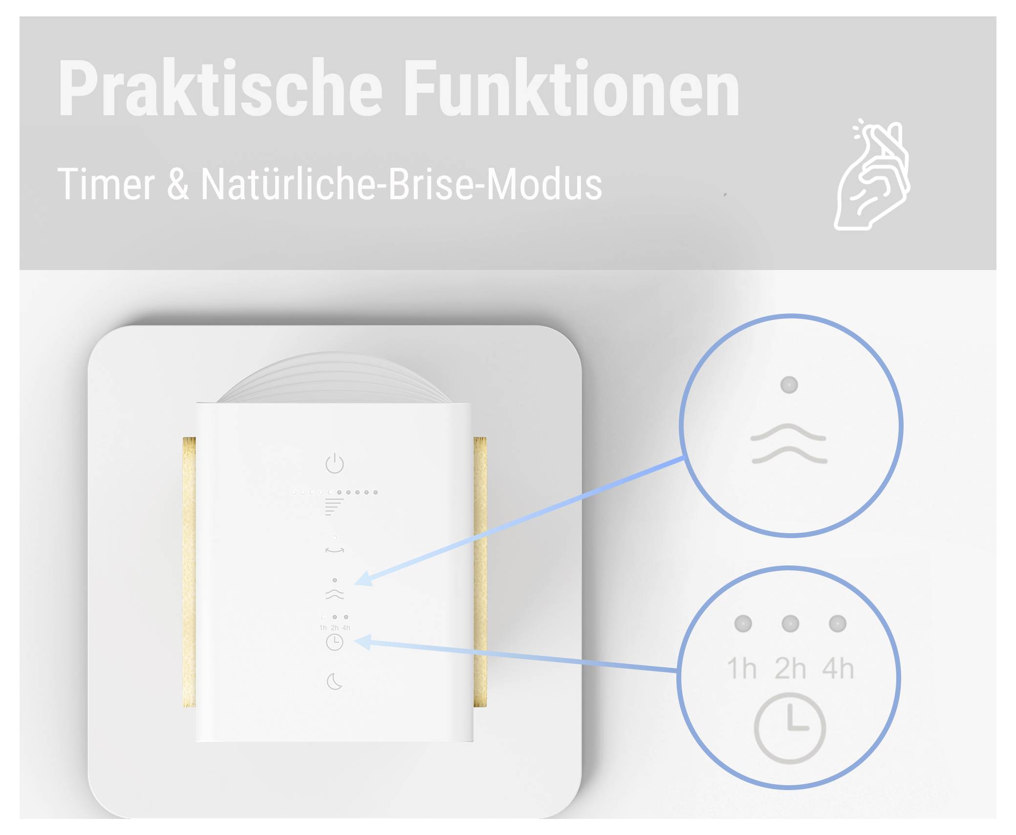 Werbegrafik eines Luftreinigers mit 'Praktische Funktionen': zeigt Timer und natürlichen Brise-Modus über Symbolkreise und Frontbedienung.