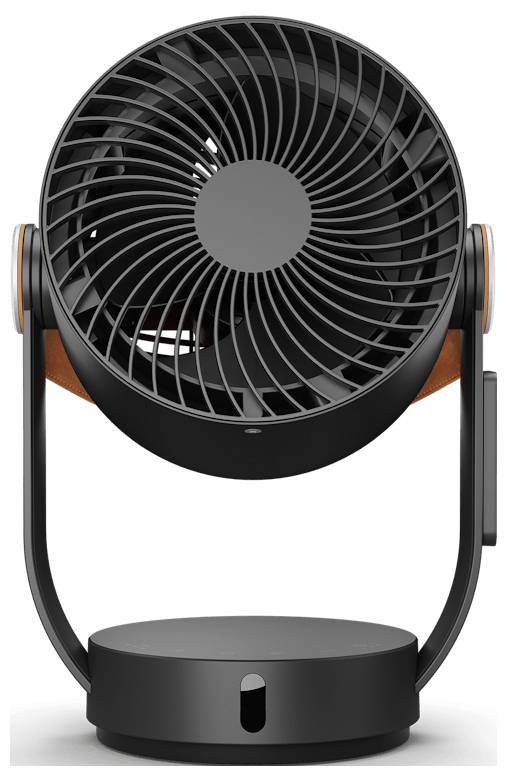 Schwarzer Tischventilator mit kreisförmigem Gitter und U-förmigem Ständer auf einer runden Basis, vor weißem Hintergrund dargestellt.