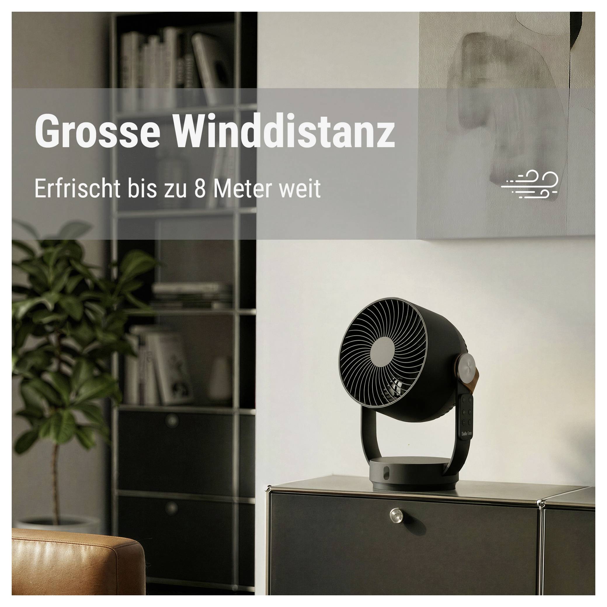 Werbetext für einen Ventilator: 'Grosse Winddistanz' und 'Erfrischt bis zu 8 Meter weit'; der Ventilator steht auf einem Schrank in einem Wohnzimmer.