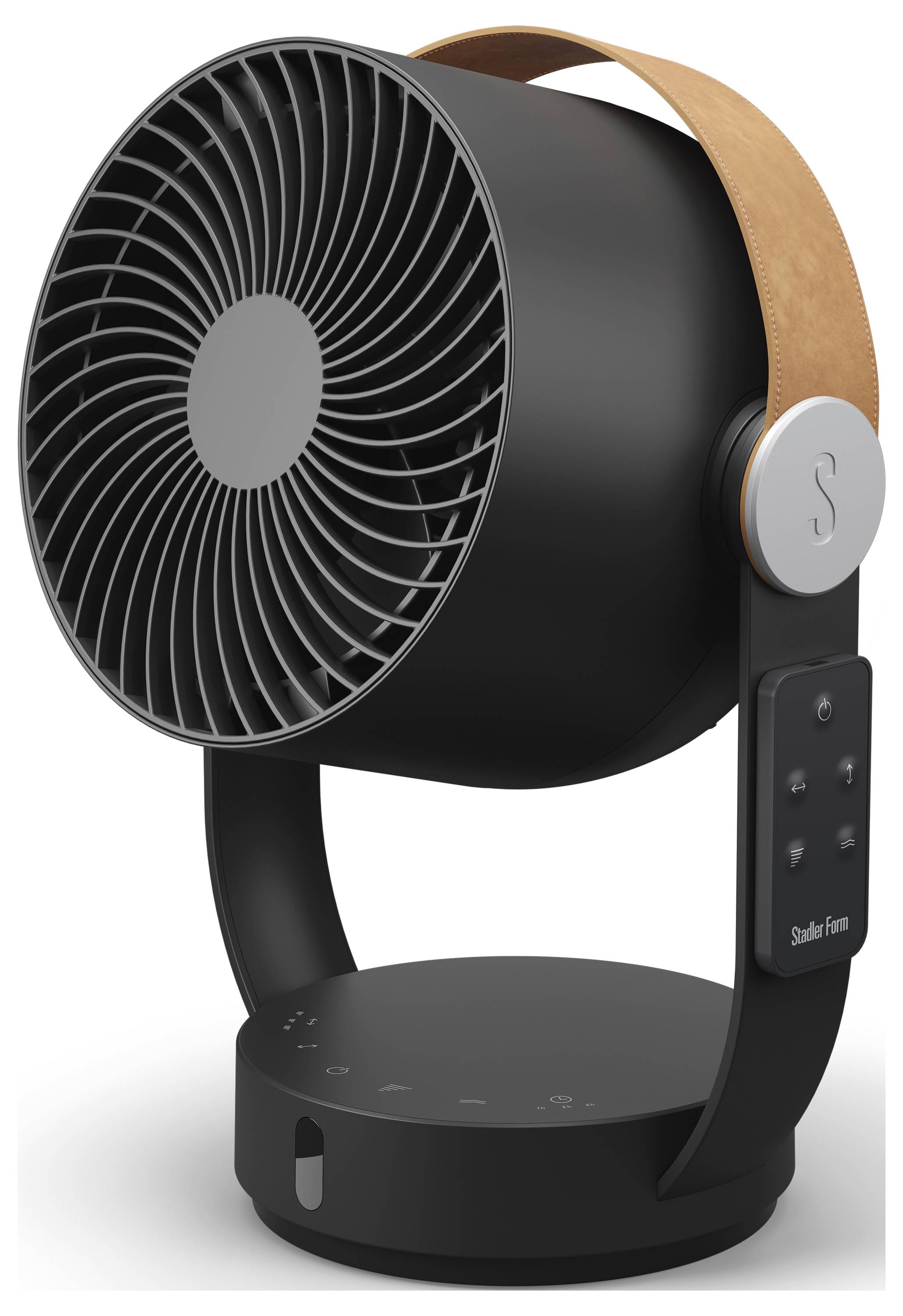 Schwarzer zylindrischer Schreibtischventilator mit spiralförmigem Frontgitter, rundem Fuß, Seitenreglern und beigem Tragegriff auf weißem Hintergrund.