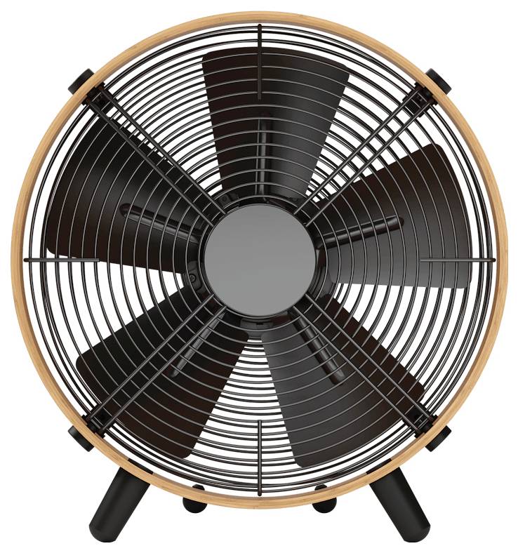 Vorderansicht eines großen industriellen Bodenventilators mit schwarzen Blättern, kreisförmigem Metallgitter und holzfarbigem äußerem Rand.
