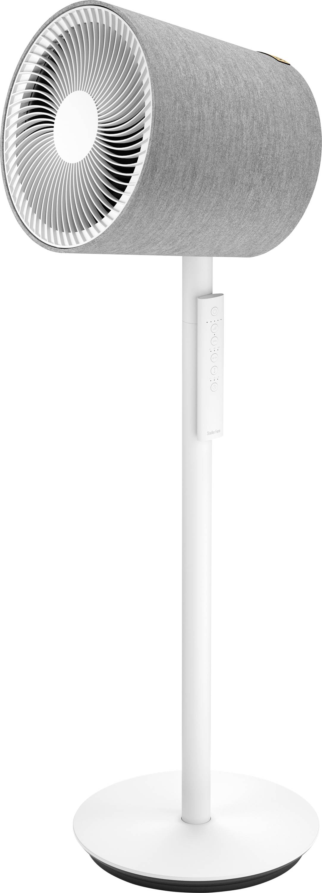 A modern white pedestal fan with a cylindrical gray head and round base, shown on a plain white background.