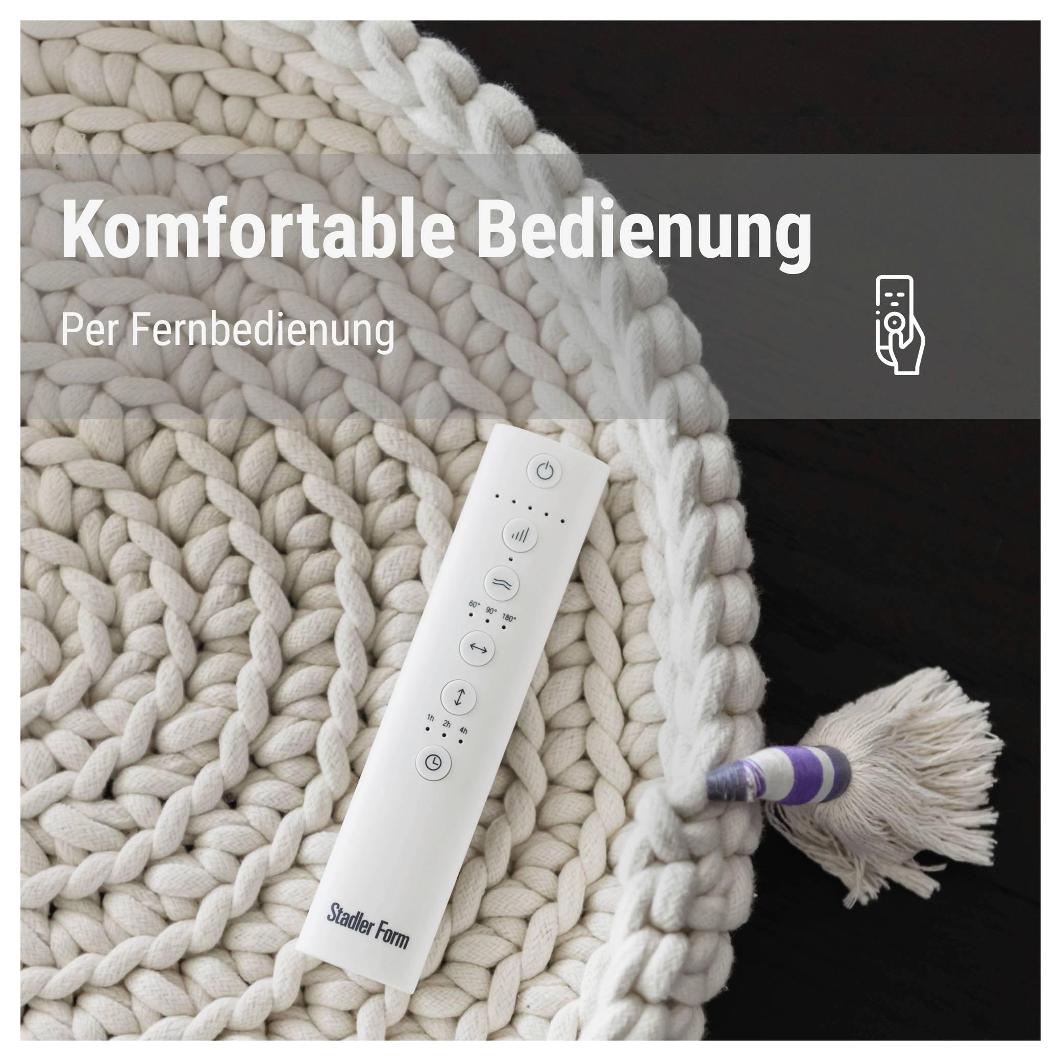 Runder geflochtener Teppich mit Fernbedienung; Text: 'Komfortable Bedienung' und 'Per Fernbedienung'.