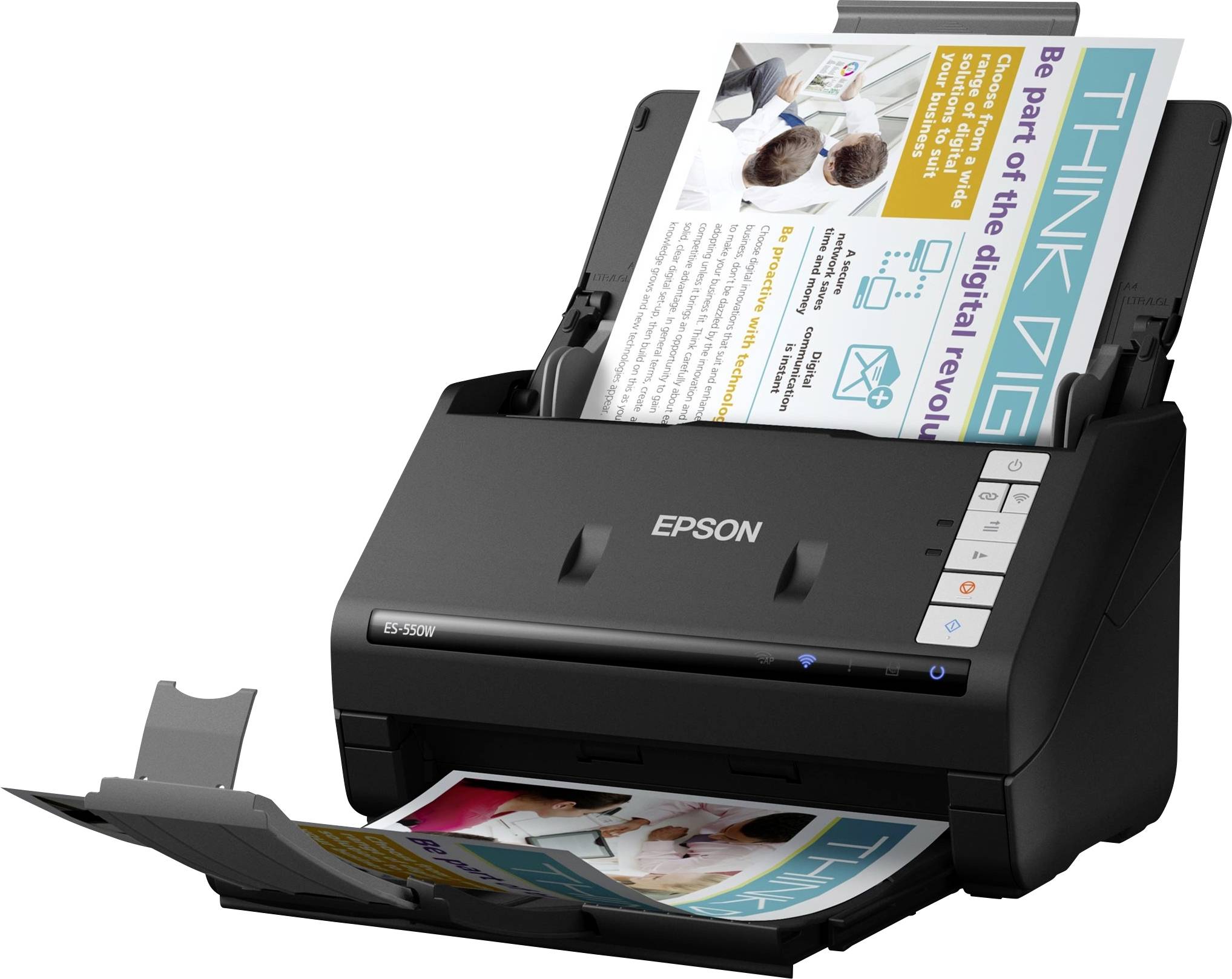 Epson-Scanner-Drucker mit Dokumenteneinzug und Ausgabefach, der aktiv eine Broschürenseite mit dem Titel 