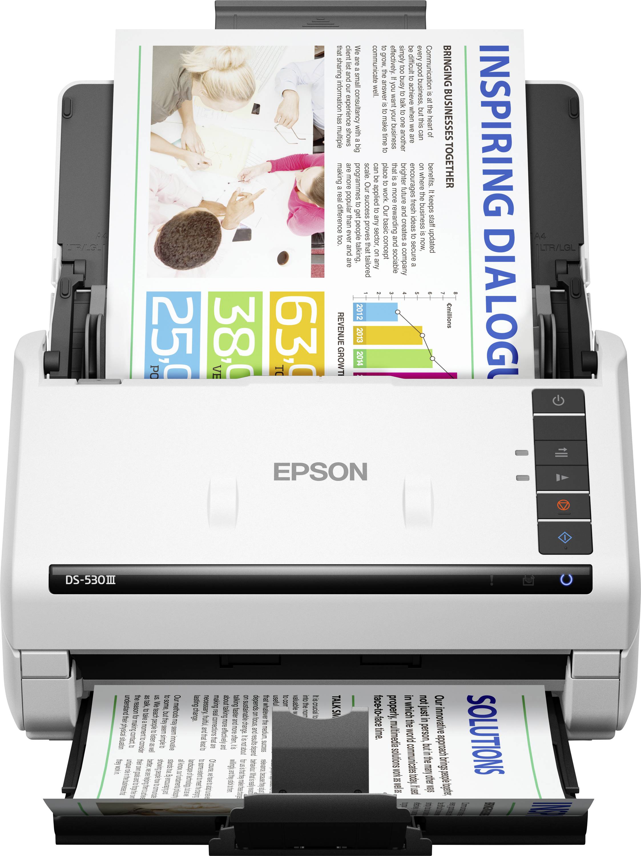 Epson Scanner-Drucker führt eine Broschüre von oben ein und gibt eine gescannte Seite aus, zeigt den Dokumentdigitalisierungs- und Druckablauf.