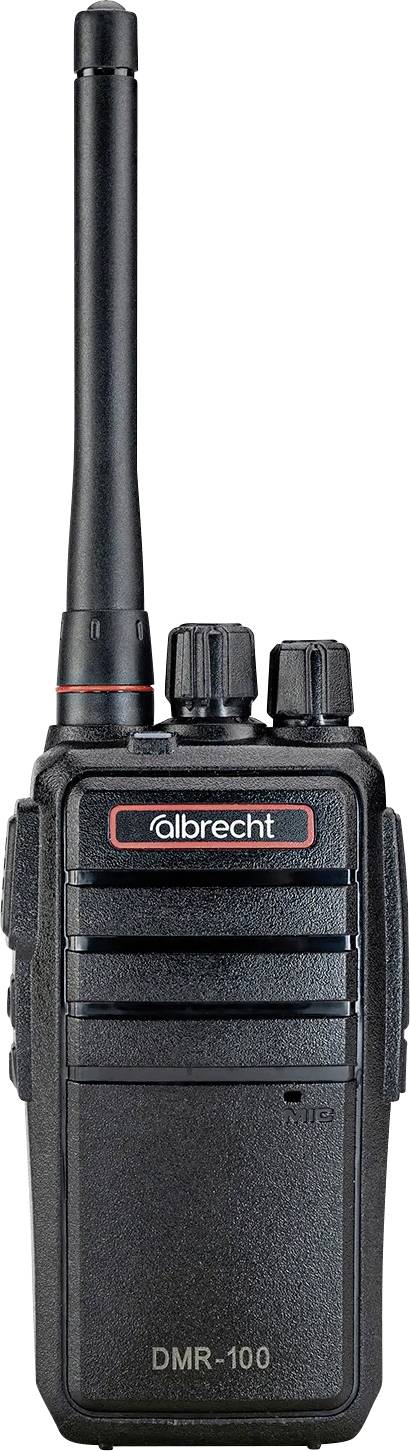 Tragbares Zwei-Wege-Funkgerät Black Albrecht DMR-100 mit langer Antenne, zwei Drehknöpfen und Lautsprechergitter an der Vorderseite.