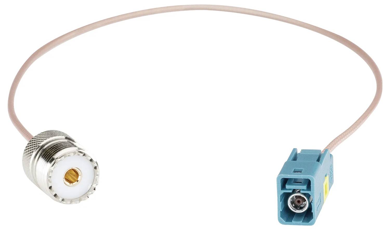 Koaxialkabel mit einem Metallstecker an einem Ende und einem blauen Antennenstecker am anderen Ende.