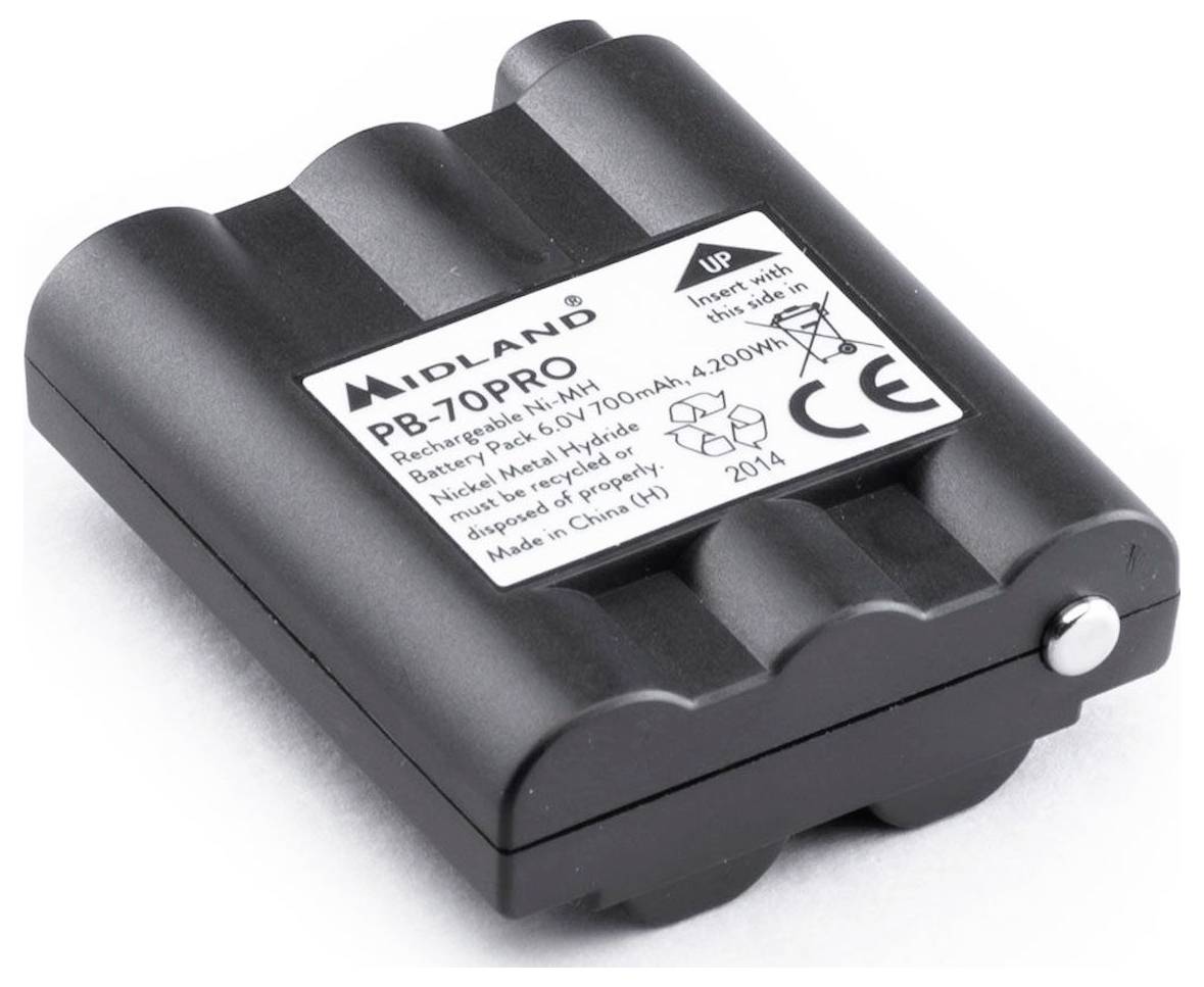 Schwarzer Midland PB-70PRO wiederaufladbarer Ni-MH Akku mit Etikett, das 6,0V und 700mAh Kapazität anzeigt.