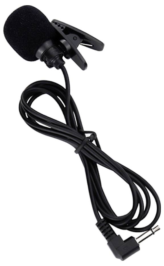 Schwarzes Ansteck-Lavalier-Mikrofon mit Schaumstoff-Windschutz und langem Spiralkabel mit abgewinkeltem 3,5-mm-Stecker.
