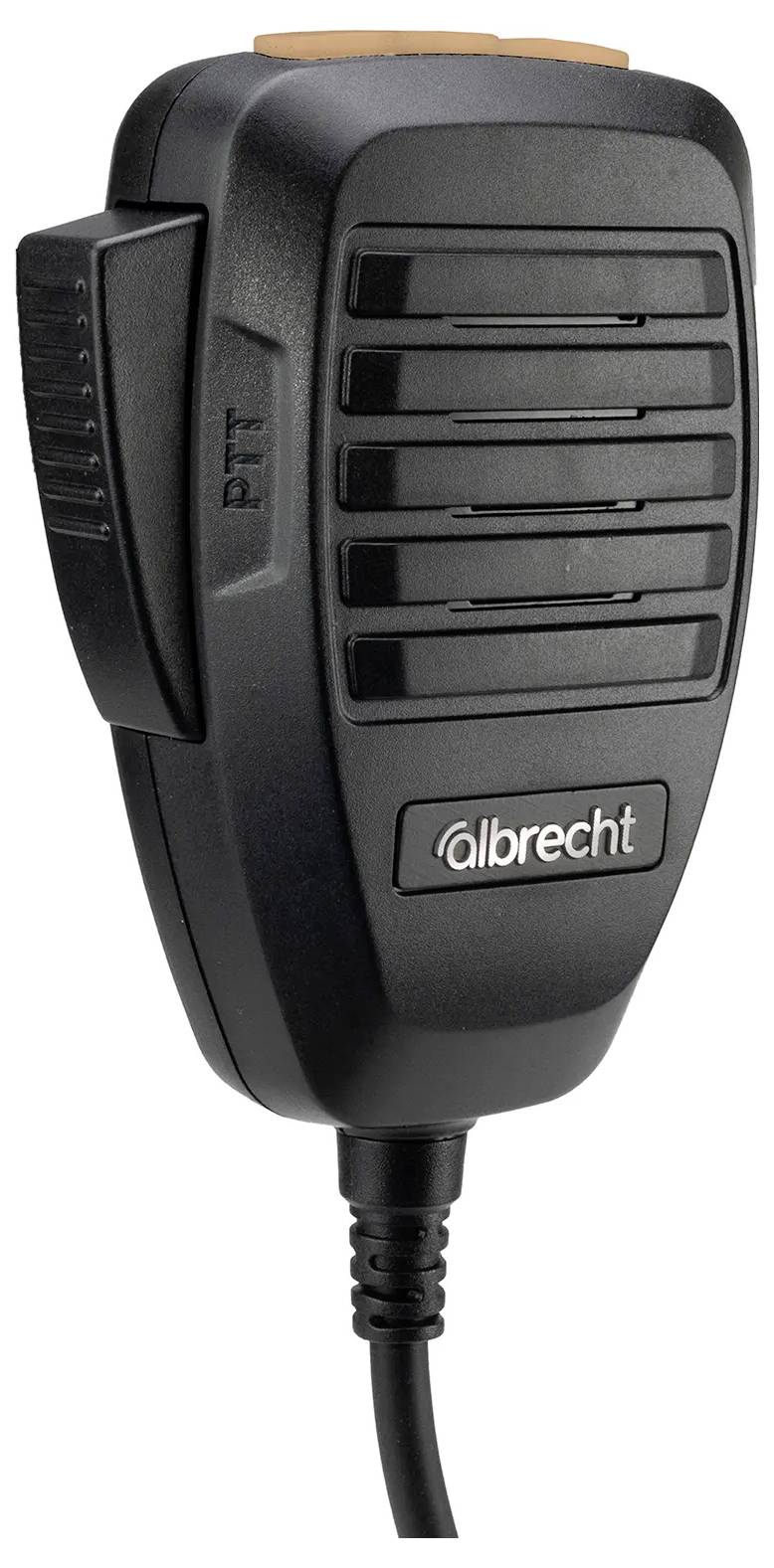 Schwarzes Albrecht PTL-Sprechfunkmikrofon mit Seitenklemme und angebrachtem Kabel, dargestellt auf einem schlichten weißen Hintergrund.