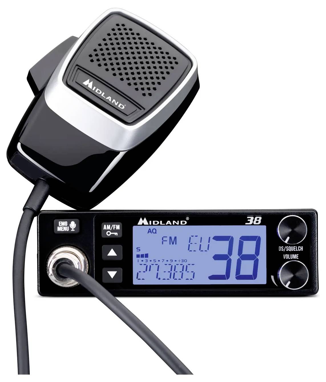 Midland-CB-Funk mit tragbarem Handmikrofon, blauem digitalen Display mit Anzeige von Kanal 38 und FM-Modus, mit Lautstärke- und Rauschsperre-Reglern.
