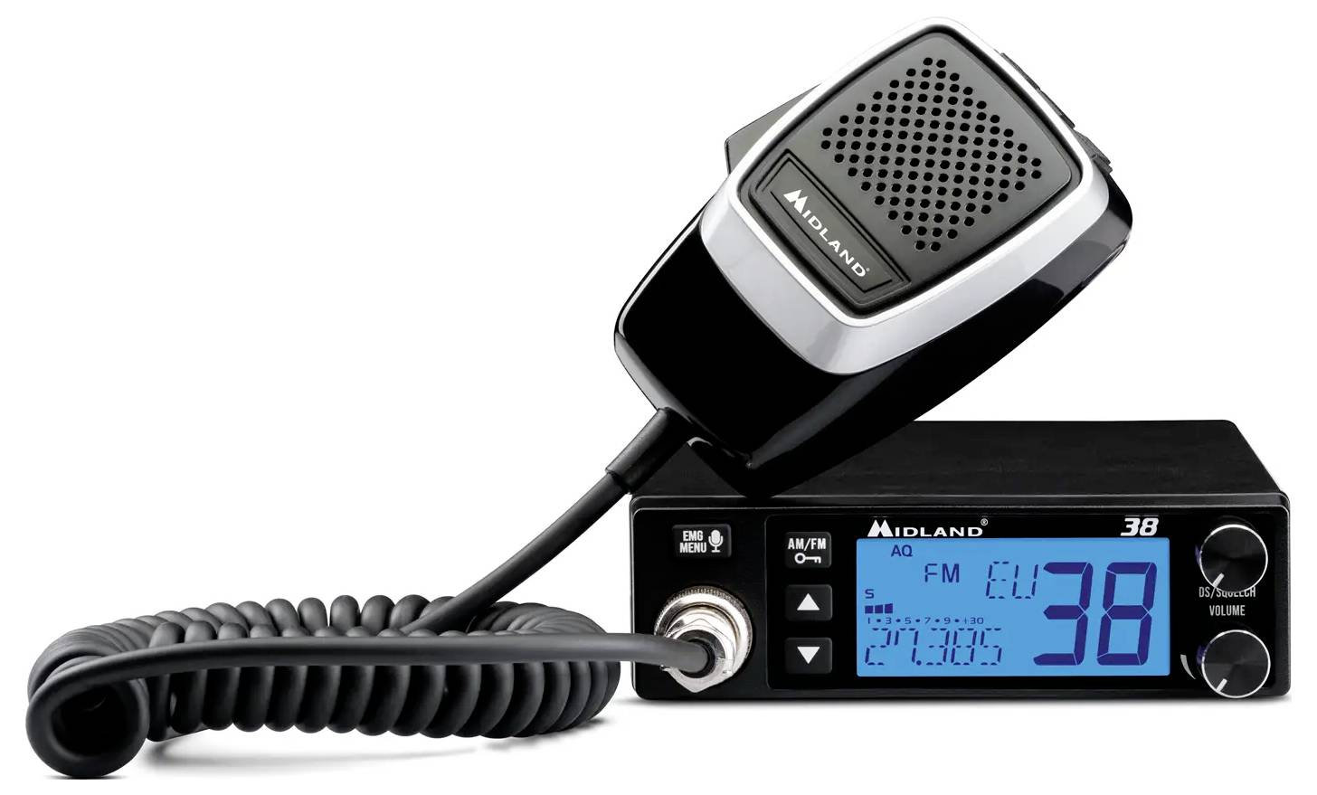 CB-Funkgerät mit Handmikrofon, Spiralkabel und blau beleuchtetes Display, das Kanal 38 und FM-Modus anzeigt.