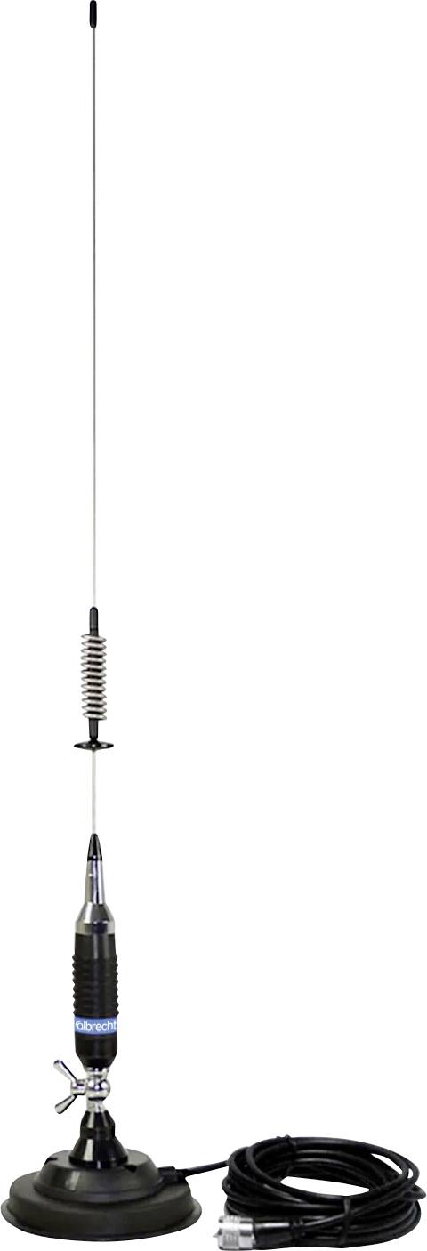 Magnetische Antennenhalterung mit langem Peitschenmast, Federbasis und Spiralkabel für Funkkommunikation.