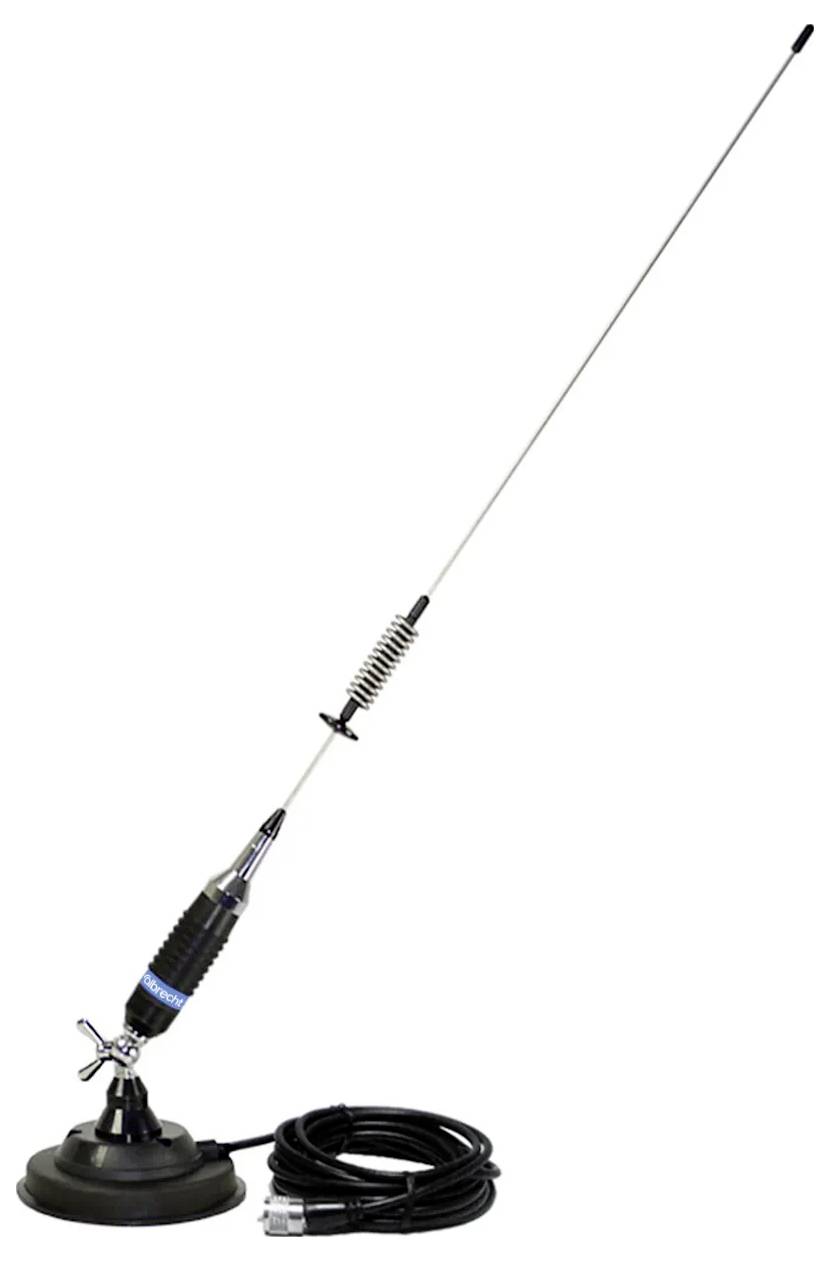 Magnetische Basis-CB-Funkantenne mit langem Peitschenreiter und befestigtem Spiralkabel.
