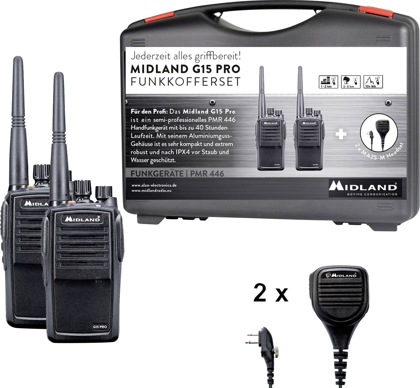 Produktbild eines Midland G15 Pro Sprechfunkgeräte-Sets: zwei tragbare Funkgeräte, Ladezubehör und eine Tragetasche mit der Aufschrift 