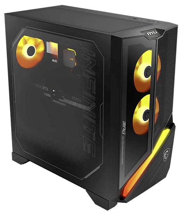 Schwarzes MSI-Desktop-Tower-PC-Gehäuse mit transparentem Seitenpanel, leuchtenden orange-gelben Lüftern und abgewinkelter Frontbeleuchtung.