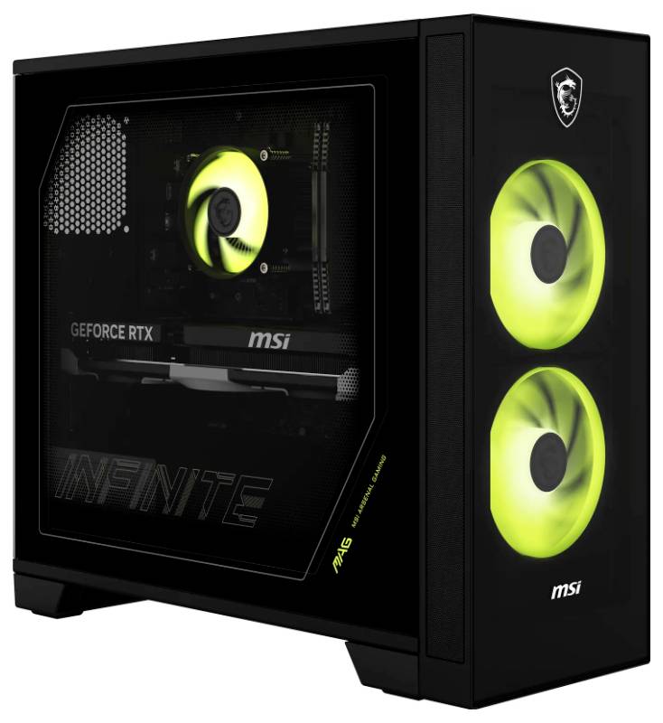 Schwarzer MSI Gaming-PC-Tower mit Glasseitenpanel, GeForce RTX Grafikkarte und zwei leuchtend grünen vorderen Kühlüftern.
