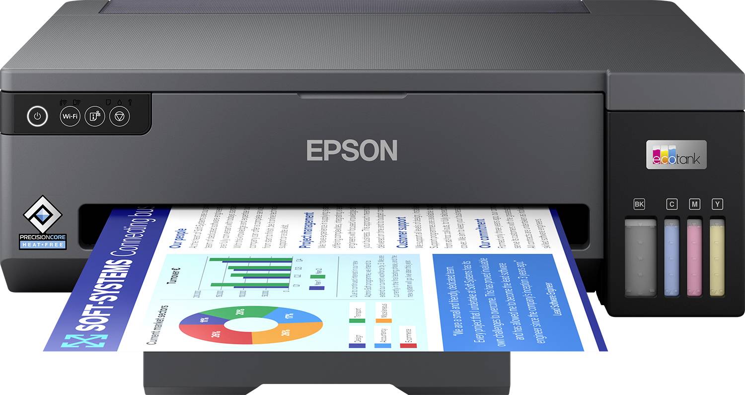 Schwarzer Epson EcoTank Drucker, der eine farbige Seite mit Diagrammen und Text druckt und dabei Tintentanks auf der rechten Seite und Papierausgabe an der Vorderseite zeigt.