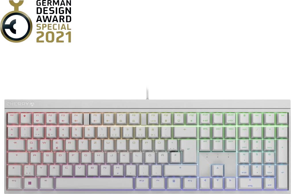 Tastaturbeleuchtungszonen in einem Regenbogenverlauf dargestellt, mit dem Logo 