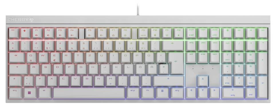 Kompakte weiße mechanische Tastatur mit Regenbogen-RGB-Hintergrundbeleuchtung und einem Kabel, das oben angeschlossen ist.
